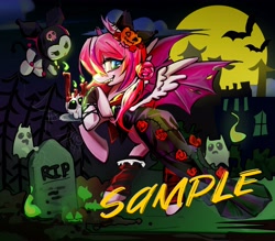 Size: 4000x3508 | Tagged: safe, artist:qianjibahe, oc, oc only, bat, bat pony, ghost, pony, undead, clothes, commission, costume, dress, female, full moon, gravestone, halloween, halloween costume, mare, moon, sample, skull, solo, watermark