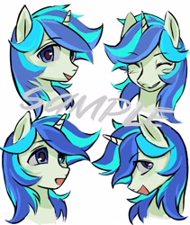 Size: 3200x3800 | Tagged: safe, artist:qianjibahe, oc, oc only, oc:jade luster, pony, unicorn, bust, horn, sample, simple background, solo, watermark, white background