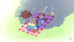 Size: 1920x1080 | Tagged: safe, artist:traupa, oc, oc only, changeling, parasprite, anthro, book, dappled sunlight, eyes closed, picnic blanket, solo, tree stump