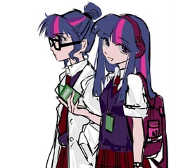 Size: 882x838 | Tagged: safe, artist:qianjibahe, sci-twi, twilight sparkle, human, equestria girls, g4, backpack, clothes, duo, female, glasses, headphones, lab coat, school uniform, twolight