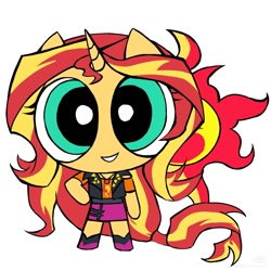 Size: 1200x1200 | Tagged: safe, artist:qianjibahe, sunset shimmer, unicorn, anthro, g4, clothes, female, horn, solo, style emulation, the powerpuff girls