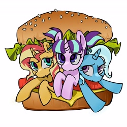 Size: 4096x4096 | Tagged: safe, artist:qianhe498, starlight glimmer, sunset shimmer, trixie, pony, unicorn, g4, burger, female, filly, foal, food, hamburger, horn, mare, ponies in food, simple background, trio, white background