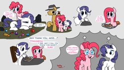 Size: 3840x2180 | Tagged: safe, artist:shelbysmol, igneous rock pie, pinkie pie, rarity, earth pony, pony, unicorn, g4, my little pony: friendship is magic, the cutie mark chronicles, bed, blatant lies, blushing, carrying, clothes, dialogue, eyes closed, female, filly, filly pinkie pie, filly rarity, foal, food, gem, headcanon, headcanon in the comments, horn, in bed, lesbian, open mouth, open smile, pinkamena diane pie, question mark, rock soup, ship:raripie, shipping, smiling, soup, theory in the comments, thought bubble, tray, younger