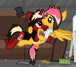 Size: 1656x1472 | Tagged: safe, artist:lightningbolt, derpibooru exclusive, part of a set, pegasus, pony, unicorn, .svg available, alex gaskarth, all time low, butt fluff, cheek fluff, clothes, couch, cuddling, drink, duo, duo male, dyed mane, dyed tail, ear fluff, ear piercing, facial hair, gay, hoof fluff, horn, hug, jack barakat, lidded eyes, looking at each other, looking at someone, lying down, male, messy mane, messy room, on back, partially open wings, piercing, ponified, prone, shipping, shirt, short sleeves, show accurate, smiling, smirk, soda can, stallion, svg, t-shirt, tail, tail feathers, tattoo, vector, wing fluff, wings