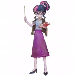 Size: 2048x2048 | Tagged: safe, alternate version, artist:jianbinggouzi06538, sci-twi, twilight sparkle, human, equestria girls, g4, book, clothes, jacket, pointer, simple background, skirt, solo, teacher, white background