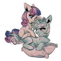 Size: 1368x1376 | Tagged: safe, artist:jianghubanzi, bon bon, lyra heartstrings, sweetie drops, earth pony, pony, unicorn, g4, female, grin, horn, lesbian, looking at each other, looking at someone, mare, one eye closed, pillow, ship:lyrabon, shipping, simple background, smiling, white background