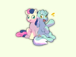 Size: 1080x810 | Tagged: safe, artist:4803045255, bon bon, lyra heartstrings, sweetie drops, earth pony, pony, unicorn, g4, emanata, female, green background, horn, looking at each other, looking at someone, mare, open mouth, simple background, sitting, smiling