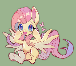 Size: 1706x1473 | Tagged: safe, artist:wang6440, fluttershy, butterfly, pegasus, pony, g4, fangs, female, green background, green eyes, mare, open mouth, simple background, sitting, smiling, solo, spread wings, wings