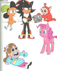 Size: 828x1025 | Tagged: safe, artist:cmara, pinkie pie, alien, earth pony, human, pony, g4, crossover, gravity falls, it came from deviantart, mabel pines, pokémon, sonic the hedgehog (series), teletubbies, wander (wander over yonder), wander over yonder