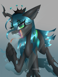 Size: 3000x4000 | Tagged: safe, artist:toxikil, queen chrysalis, changeling, changeling queen, g4, against glass, crooked horn, crown, drool, ear piercing, ears back, floppy ears, front view, glass, gradient background, horn, jewelry, licking, looking at you, piercing, raised hoof, regalia, shadow, shiny mane, smug, solo, tongue out