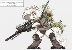 Size: 1347x950 | Tagged: safe, artist:ncmares, oc, oc only, oc:ghillie, armor, artificial feet, artificial hands, backpack, belt, big mare, bipedal, boots, clothes, covering, female, ghillie suit, gun, knee pads, radio, rifle, scope, shoes, shoulder pads, sniper, sniper rifle, socks, solo, tactical vest, tail, tail covering, weapon