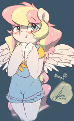 Size: 1279x2072 | Tagged: safe, artist:potato22, oc, oc only, oc:ninny, pegasus, pony, semi-anthro, blushing, clothes, eye clipping through hair, eyebrows, eyebrows visible through hair, female, flower, mare, pegasus oc, simple background, solo, spread wings, sunflower, unshorn fetlocks, wings