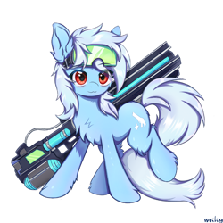 Size: 2048x2048 | Tagged: safe, artist:weiling, pony, chest fluff, cute, eye clipping through hair, eyebrows, eyebrows visible through hair, gun, signature, simple background, solo, weapon, white background