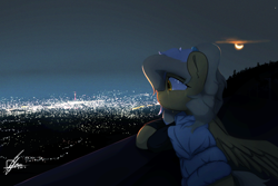 Size: 3834x2560 | Tagged: safe, alternate version, artist:potato22, oc, oc only, oc:mareota, pegasus, pony, city, clothes, crescent moon, crying, female, high res, mare, moon, night, night sky, outdoors, pegasus oc, sky, solo, wings