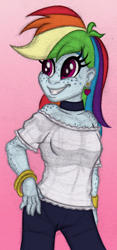 Size: 460x980 | Tagged: safe, artist:php195, derpibooru exclusive, rainbow dash, human, equestria girls, g4, bare shoulders, body freckles, bracelet, chest freckles, choker, clothes, colored, colored pupils, ear piercing, earring, female, freckles, gradient background, grin, happy, heart earring, jewelry, open mouth, open smile, pants, pencil drawing, piercing, pink background, shirt, shoulderless, shoulderless shirt, smiling, solo, standing, three quarter view, traditional art