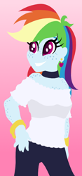 Size: 460x980 | Tagged: safe, alternate version, artist:php195, derpibooru exclusive, rainbow dash, human, equestria girls, g4, bare shoulders, body freckles, bracelet, chest freckles, choker, clothes, colored pupils, ear piercing, earring, female, freckles, gradient background, grin, happy, heart earring, jewelry, lineless, multicolored hair, open mouth, open smile, pants, piercing, pink background, rainbow hair, shirt, shoulderless, shoulderless shirt, smiling, solo, standing, three quarter view