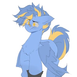 Size: 1387x1387 | Tagged: safe, artist:madiwann, oc, oc only, oc:shining trophy, pegasus, pony, bandaid, male, sad, simple background, solo, stallion, white background