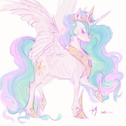 Size: 750x750 | Tagged: safe, artist:jianghubanzi, princess celestia, alicorn, pony, g4, crown, hoof shoes, jewelry, raised hoof, regalia, simple background, solo, white background