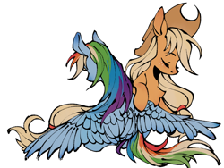 Size: 750x563 | Tagged: safe, artist:jianghubanzi, applejack, rainbow dash, earth pony, pegasus, pony, g4, duo, duo female, female, grooming, preening, simple background, white background, wings