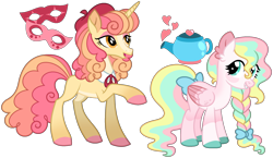 Size: 2322x1346 | Tagged: safe, artist:strawberry-spritz, oc, oc only, pegasus, pony, unicorn, g4, bangs, base used, beret, blaze (coat marking), blue bow, bow, braid, braided ponytail, coat markings, colored belly, colored hooves, colored pinnae, colored wings, colored wingtips, curly mane, curly tail, duo, duo female, ear fluff, eye markings, eyelashes, eyeshadow, facial markings, female, female oc, folded wings, freckles, gradient legs, hair accessory, hair bow, hat, height differnce, hooves, horn, long mane, long tail, looking back, magical lesbian spawn, magical threesome spawn, makeup, mare, mare oc, multicolored mane, multicolored tail, offspring, open mouth, open smile, orange eyes, pale belly, parent:fleur-de-lis, parent:fluttershy, parent:luckette, parent:tropical dream, parent:vapor trail, parents:flutter de lis, parents:vaporshy, pegasus oc, physique different, pink coat, pink eyeshadow, pink hooves, pink wingtips, ponytail, raised hoof, sailor collar, show accurate, simple background, smiling, snip (coat marking), socks (coat markings), standing, standing on three hooves, tail, tail accessory, tail bow, teal eyes, three quarter view, three toned wings, tied mane, transparent background, two toned wingtips, unicorn horn, unicorn oc, wall of tags, wavy mane, wavy tail, wing markings, wings, yellow coat