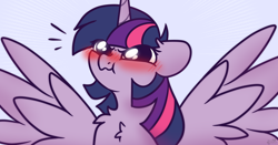 Size: 4200x2200 | Tagged: safe, artist:mariashek, twilight sparkle, alicorn, pony, g4, :t, abstract background, angry, blushing, blushing profusely, chest fluff, cute, emanata, female, madorable, mare, puffy cheeks, scrunchy face, solo, spread wings, twiabetes, twilight sparkle (alicorn), wavy mouth, wingboner, wings