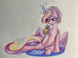 Size: 4000x3000 | Tagged: safe, artist:jsunlight, princess cadance, pony, unicorn, g4, belly, food, horn, ice cream, sitting, solo, traditional art