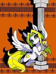 Size: 1200x1600 | Tagged: safe, artist:stacy_165cut, oc, oc only, oc:golden apple (stacy_165cut), pegasus, pony, abstract background, ballet slippers, blonde mane, blonde tail, blush lines, blushing, classical architecture, colored hooves, column, eyelashes, eyeshadow, female, female oc, frown, gold hooves, gold mane, gold tail, green eyes, holding, hoof hold, hooves, lidded eyes, long mane, long tail, looking away, makeup, mare, mare oc, patterned background, pegasus oc, pillar, pink eyeshadow, shadow, shiny hooves, shiny mane, shiny tail, solo, spread wings, tail, thin, white coat, wingding eyes, wings