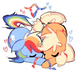 Size: 1338x1238 | Tagged: safe, artist:appledash3r_, applejack, rainbow dash, earth pony, pegasus, pony, g4, backwards cutie mark, blonde mane, blonde tail, blue coat, bracelet, colored sketch, cuddling, cute, dashabetes, duo, duo female, eyes closed, female, floating heart, floppy ears, friendship bracelet, hatless, heart, hearts and hooves day, jackabetes, jewelry, lesbian, lying down, mare, missing accessory, mlp ship week 2024, multicolored hair, orange coat, ponytail, prone, rainbow hair, rainbow tail, ship:appledash, shipping, simple background, sketch, tail, tied mane, tied tail, white background