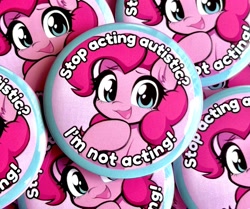 Size: 3411x2847 | Tagged: safe, artist:moozua, pinkie pie, earth pony, pony, g4, :3, autism spectrum disorder, autistic pinkie pie, big eyes, blue eyes, button pins, curly mane, everfree northwest, everfree northwest 2024, eyelashes, female, looking at you, mare, pin, pin design, pink coat, pink mane, raised hoof, smiling, smiling at you, solo, text, white text