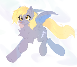 Size: 1829x1579 | Tagged: safe, artist:thieftea, derpy hooves, pegasus, pony, g4, :p, chest fluff, ear fluff, eye clipping through hair, eyebrows, eyebrows visible through hair, hock fluff, hoof fluff, leg fluff, raised hoof, shoulder fluff, solo, spread wings, tongue out, wings