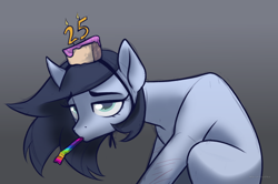 Size: 2462x1631 | Tagged: safe, artist:marsel1nushka, oc, oc only, earth pony, pony, birthday, earth pony oc, gradient background, party horn, solo