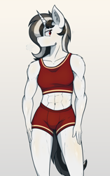 Size: 1700x2700 | Tagged: safe, artist:marusya, oc, oc only, oc:schworz, unicorn, anthro, abs, breasts, clothes, ear fluff, female, gradient background, horn, muscles, reasonably sized breasts, solo, sports bra, sweat