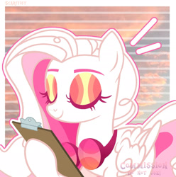 Size: 1920x1934 | Tagged: safe, artist:scarffist, oc, oc only, pegasus, pony, commission, eyes closed, eyeshadow, glasses, happy, long hair, long mane, makeup, passepartout, signature, smiling, solo, watermark, white coat, ych result