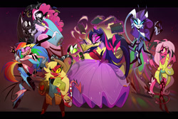 Size: 2351x1567 | Tagged: safe, artist:entropystar, applejack, fluttershy, pinkie pie, rainbow dash, rarity, spike, twilight sparkle, angel, bird, butterfly, demon, hybrid, imp, owl, reptile, snake, succubus, undead, anthro, digitigrade anthro, g4, alternate universe, angelic wings, angelified, bare shoulders, barrel, bird demon, birdified, book, boots, butterfly demon, butterfly wings, choker, chokershy, clothes, confetti, cowboy boots, cowboy hat, crossover, cutie mark accessory, cutie mark necklace, demon horns, demon wings, demonized, devil tail, dress, exorcist angel, fangs, female, four eyes, gown, gradient background, group picture, halo, hat, hazbin hotel, heavenborn, hellaverse, hellborn, horns, impified, jewelry, levitation, looking at you, magic, mane seven, mane six, mask, multiple eyes, my little x, necklace, overalls, owl demon, panicking, party cannon, ripped stockings, shoes, sinner demon, socks, species swap, spellbook, stockings, succufied, tail, telekinesis, thigh highs, torn clothes, wings