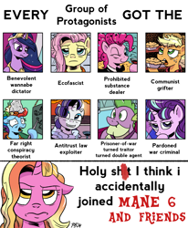 Size: 2863x3479 | Tagged: safe, artist:pony-berserker, applejack, fluttershy, luster dawn, pinkie pie, rainbow dash, rarity, spike, starlight glimmer, twilight sparkle, alicorn, dragon, earth pony, pegasus, pony, unicorn, g4, the last problem, adult, adult spike, bill gates, communism, conspiracy dash, conspiracy theory, evil starlight, false reformation, falsely reformed villain, female, gigachad spike, high res, horn, male, mane seven, mane six, mare, meme, older, older applejack, older fluttershy, older mane seven, older mane six, older pinkie pie, older rainbow dash, older rarity, older spike, older twilight, older twilight sparkle (alicorn), ponified meme, princess twilight 2.0, ted kaczynski, traitor, twilight sparkle (alicorn), war criminal