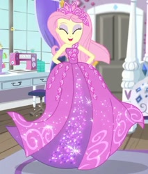 Size: 390x457 | Tagged: safe, edit, edited screencap, screencap, fluttershy, human, costume conundrum, costume conundrum: rarity, equestria girls, g4, my little pony equestria girls: choose your own ending, ^^, bare shoulders, beautiful, clothes, cropped, cute, dress, eyes closed, eyeshadow, female, flutterbeautiful, gown, jewelry, makeup, open mouth, open smile, princess costume, princess fluttershy, rarity's bedroom, shyabetes, skinny, sleeveless, smiling, solo, strapless, thin, tiara