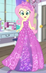 Size: 280x444 | Tagged: safe, edit, edited screencap, screencap, fluttershy, human, costume conundrum, costume conundrum: rarity, equestria girls, g4, my little pony equestria girls: choose your own ending, bare shoulders, beautiful, clothes, cropped, cute, dress, female, flutterbeautiful, gown, jewelry, looking at self, open mouth, open smile, princess costume, princess fluttershy, rarity's bedroom, shyabetes, skinny, sleeveless, smiling, solo, spinning, strapless, thin, tiara