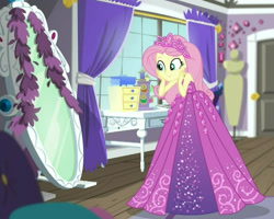 Size: 1012x809 | Tagged: safe, edit, edited screencap, screencap, fluttershy, human, costume conundrum, costume conundrum: rarity, equestria girls, g4, my little pony equestria girls: choose your own ending, bare shoulders, beautiful, clothes, cropped, cute, dress, female, flutterbeautiful, gown, hand on face, jewelry, mirror, princess costume, princess fluttershy, rarity's bedroom, shyabetes, skinny, sleeveless, smiling, solo, strapless, thin, tiara