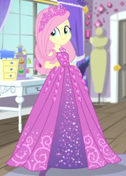 Size: 1280x1789 | Tagged: safe, edit, edited screencap, screencap, fluttershy, human, costume conundrum, costume conundrum: rarity, equestria girls, g4, my little pony equestria girls: choose your own ending, bare shoulders, beautiful, clothes, cropped, cute, dress, female, flutterbeautiful, gown, jewelry, princess costume, princess fluttershy, rarity's bedroom, shyabetes, skinny, sleeveless, smiling, solo, strapless, thin, tiara