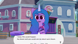 Size: 1920x1080 | Tagged: safe, artist:yoshigreenwater, izzy moonbow, pony, unicorn, g5, dialogue, drink, fan game, female, game, game screencap, horn, looking at you, mare, maretime bay, smoothie, smoothie stand, solo, sunny's dream, video game, visual novel