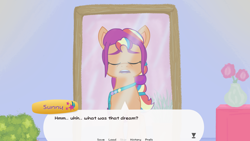 Size: 1920x1080 | Tagged: safe, artist:yoshigreenwater, sunny starscout, earth pony, pony, g5, crystal brighthouse, dialogue, eyes closed, fan game, female, game, game screencap, looking at mirror, mane stripe sunny, mare, mirror, solo, sunny's dream, video game, visual novel