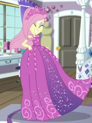 Size: 605x807 | Tagged: safe, edit, edited screencap, screencap, fluttershy, human, costume conundrum, costume conundrum: rarity, equestria girls, g4, my little pony equestria girls: choose your own ending, ^^, bare shoulders, beautiful, clothes, cropped, cute, dress, eyes closed, eyeshadow, female, flutterbeautiful, gown, grin, jewelry, makeup, princess costume, princess fluttershy, rarity's bedroom, shyabetes, skinny, sleeveless, smiling, solo, spinning, strapless, thin, tiara