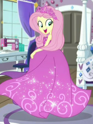 Size: 580x774 | Tagged: safe, edit, edited screencap, screencap, fluttershy, human, costume conundrum, costume conundrum: rarity, equestria girls, g4, my little pony equestria girls: choose your own ending, bare shoulders, beautiful, clothes, cropped, cute, dress, female, flutterbeautiful, gown, jewelry, open mouth, open smile, princess costume, princess fluttershy, rarity's bedroom, shyabetes, skinny, sleeveless, smiling, solo, spinning, strapless, thin, tiara