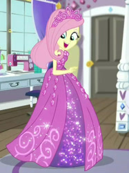 Size: 561x749 | Tagged: safe, edit, edited screencap, screencap, fluttershy, human, costume conundrum, costume conundrum: rarity, equestria girls, g4, my little pony equestria girls: choose your own ending, beautiful, clothes, cropped, cute, dress, eyeshadow, female, flutterbeautiful, gown, jewelry, makeup, open mouth, open smile, princess costume, princess fluttershy, rarity's bedroom, shyabetes, skinny, sleeveless, smiling, solo, spinning, thin, tiara