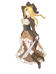 Size: 1080x1440 | Tagged: safe, artist:hey1930395, applejack, human, g4, clothes, dress, humanized, simple background, solo, sword, weapon, white background