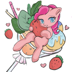 Size: 1280x1280 | Tagged: safe, artist:jiangerichanghungongtuan, pinkie pie, earth pony, pony, g4, alcohol, cocktail, cocktail glass, drink, female, food, mare, simple background, solo, strawberry, tiny, tiny ponies, white background