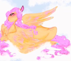 Size: 1522x1324 | Tagged: safe, alternate version, artist:rare-apples, fluttershy, pegasus, pony, g4, 2d, colored, digital art, female, long hair, lying down, mare, prone, simple background, sitting, sketch, smiling, solo, spread wings, wings