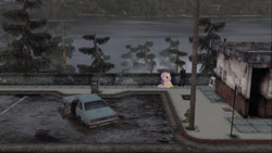 Size: 1920x1080 | Tagged: safe, artist:5ilo, fluttershy, human, pegasus, pony, g4, car, crossover, james sunderland, lake, silent hill, silent hill 2, solo, tree, water