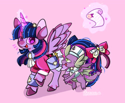 Size: 2048x1681 | Tagged: safe, artist:redhooves, spike, twilight sparkle, alicorn, dragon, pony, g4, bow, clothes, cute, duo, duo male and female, female, glowing, glowing horn, horn, magic, male, pink background, scroll, simple background, spikabetes, tail, tail bow, twiabetes, twilight sparkle (alicorn), winged spike, wings