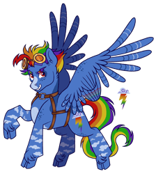 Size: 1488x1664 | Tagged: safe, artist:draculaflow3, rainbow dash, pegasus, pony, g4, alternate design, cloven hooves, coat markings, facial markings, female, goggles, goggles on head, grin, harness, hoof fluff, mare, simple background, smiling, snip (coat marking), solo, transparent background